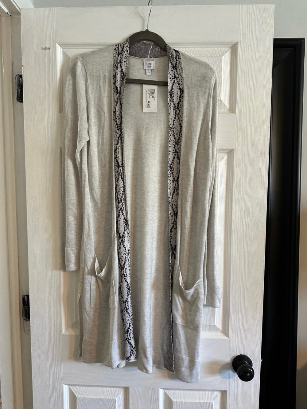 Peyton Jenses Light Gray Open-Front Cardigan with Snake-Print Trim